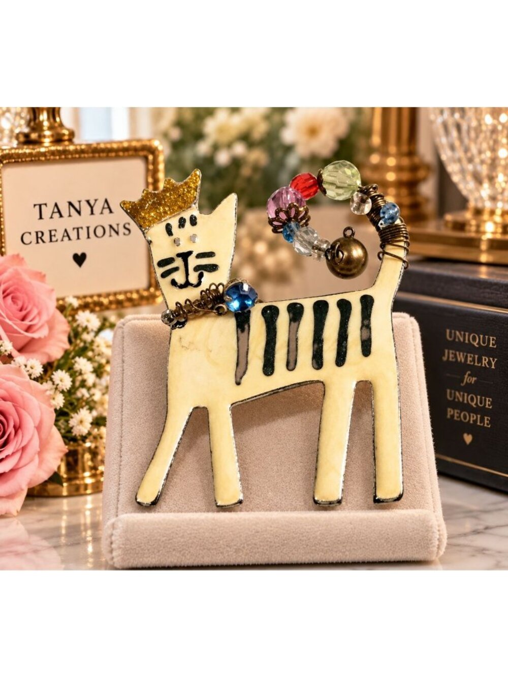 Tanya Creations (TC) Enamel & Crystal Cat Brooch Pin 2" x 1.5"